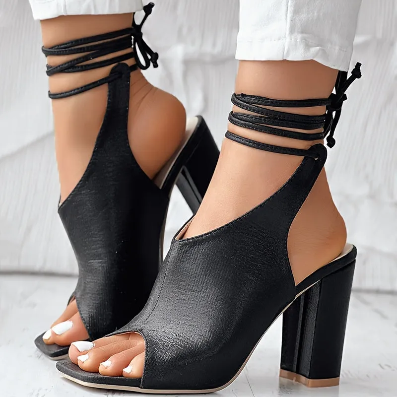 VougeVamp Open-Toe Lace-Up High Heel Sandals – Thick Heel, Stylish & Comfortable