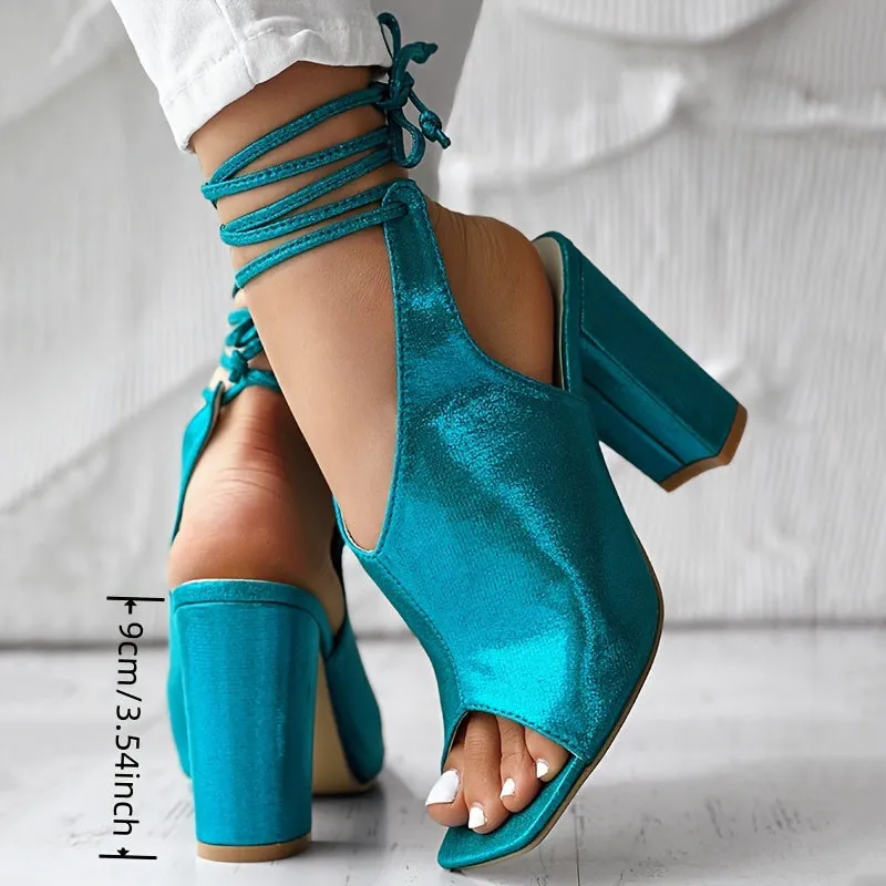VougeVamp Open-Toe Lace-Up High Heel Sandals – Thick Heel, Stylish & Comfortable
