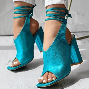 VougeVamp Open-Toe Lace-Up High Heel Sandals – Thick Heel, Stylish & Comfortable