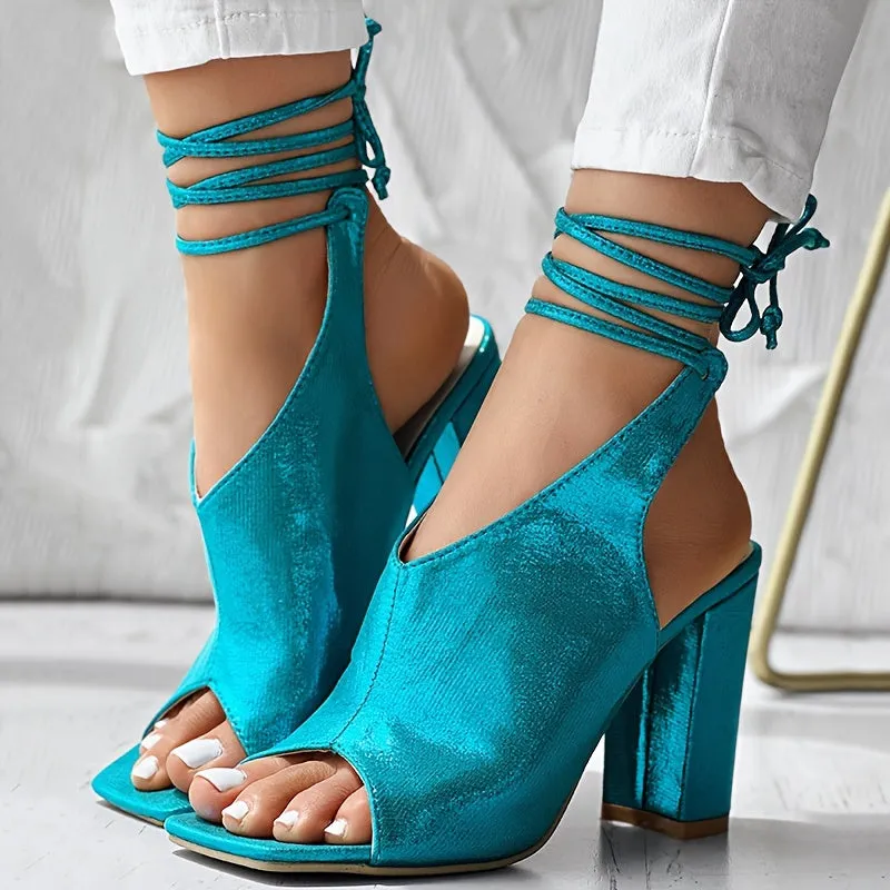 VougeVamp Open-Toe Lace-Up High Heel Sandals – Thick Heel, Stylish & Comfortable