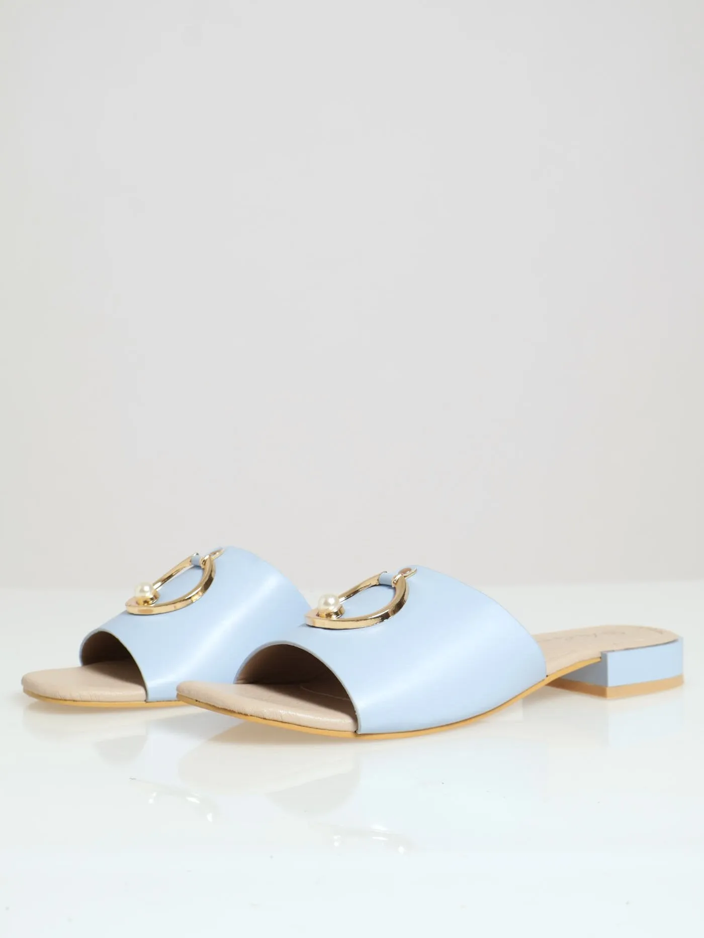 Wide Band Mule With Circle & Pearl Trim - Light Blue