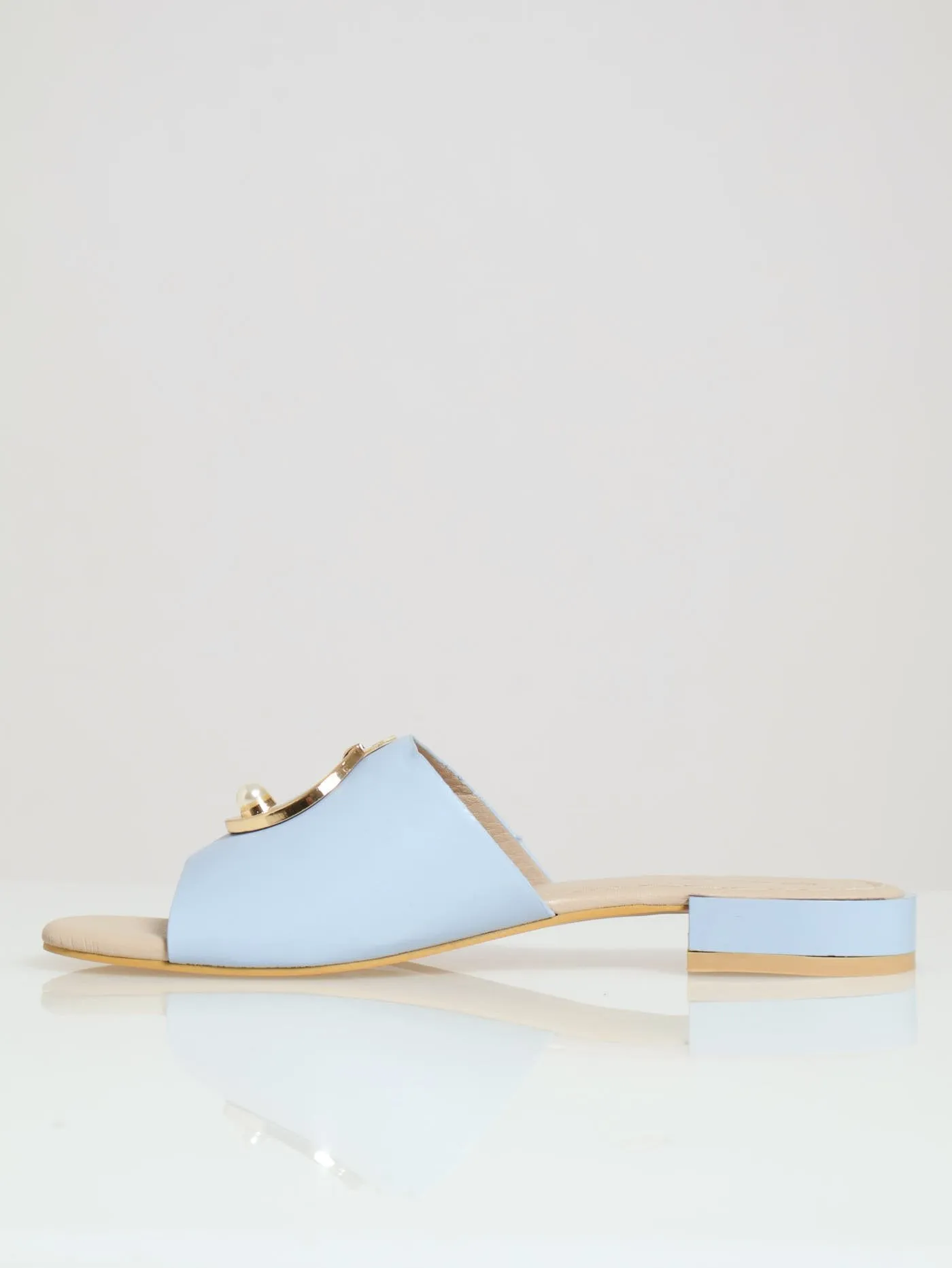 Wide Band Mule With Circle & Pearl Trim - Light Blue