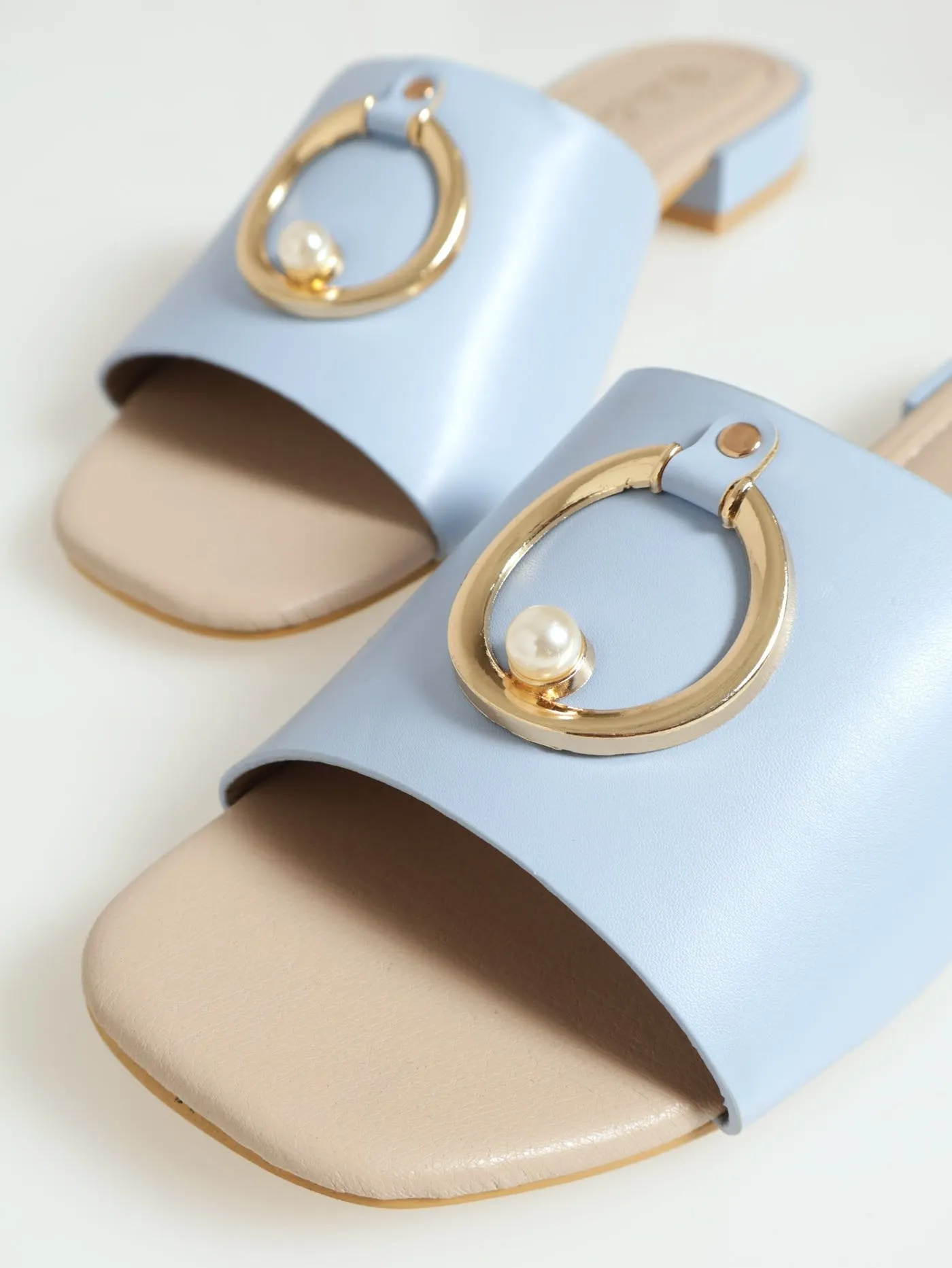 Wide Band Mule With Circle & Pearl Trim - Light Blue