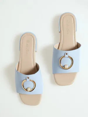 Wide Band Mule With Circle & Pearl Trim - Light Blue
