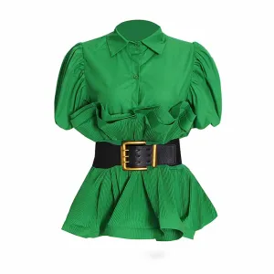 Women Bubble Sleeve Waistband Shirt Top